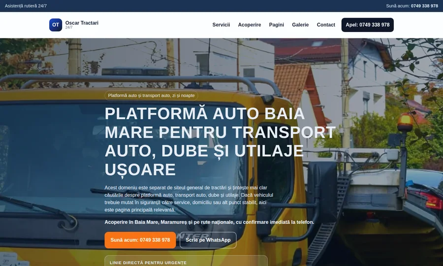 Oscar Towing landing page for 24/7 towing services, with phone number and offer section