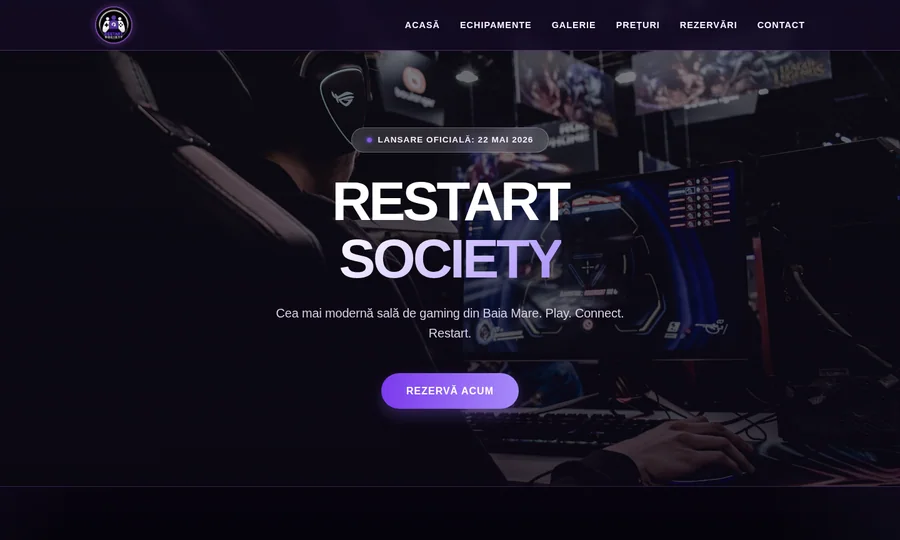 Restart Society website presentation for a gaming lounge in Baia Mare, featuring a premium dark design and online booking system