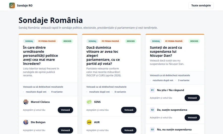 Sondaje.ro platform showing public opinion polls with real-time statistics and results