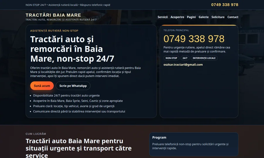 Homepage website for a towing company in Baia Mare, with fast call button and clearly displayed services